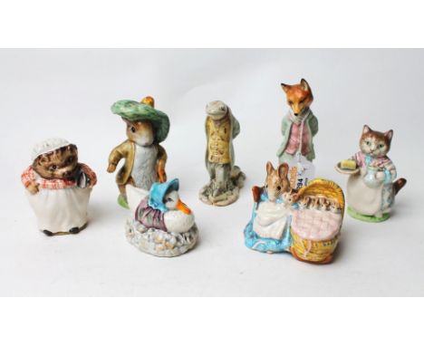 Seven Beatrix potter figures including Benjamin Bunny, Foxy Whiskey Gentleman, Sir Isacc Newton, Ribby, Mrs Tiggy Winkle, Hun