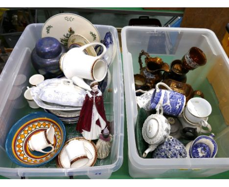 Two boxes of ceramics and ornaments including Royal Worcester Queen's 80th Birthday figurine  