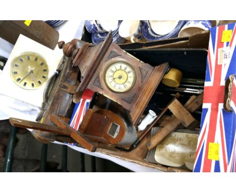 Antique leather satchel and a box containing stereoscope viewer, wooden mantel clock, Kienzle design Chronoquarz German clock