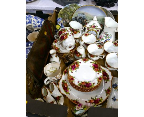 Royal Albert Old Country Roses part tea set, collectors plates, ornaments, decorative pipe, brass tray etc   