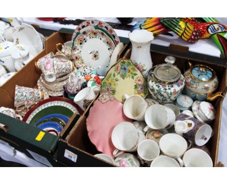 Two boxes of crinoline lady part tea set, decorative plates, commemorative mugs, trinket pots, vases etc