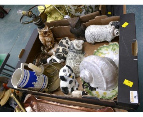 Ceramic owl formed lamp base, quantity of pottery sheep figures, cast metal owl door stop, brass candlestick, Spode jug, shel