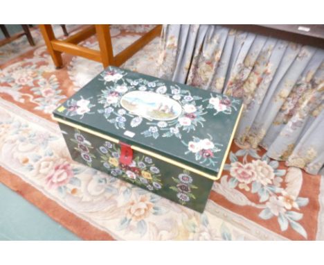 Hand painted floral and green metal trunk 