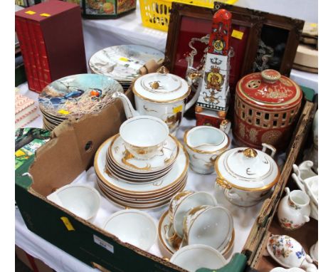 White and gilt oriental style tea set, two ceramic oriental ornaments and pair of Indonesian silk pictures