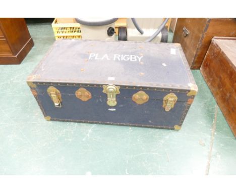 Blue vintage travel chest, painted inscription PLA Rigby 