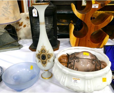 Milk glass lamp shade, classical inspired glass vase, pink glass wire bound lantern and a frosted blue bowl