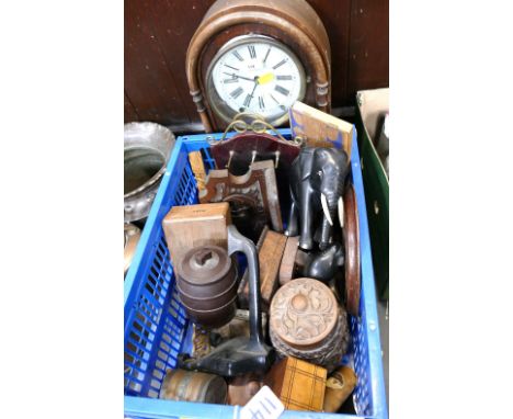 Wooden mantel clock and box of wooden pipe rack, solitaire board, tobacco jars, triket trays, key holders etc