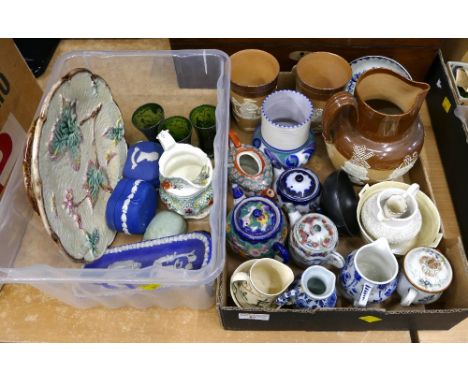 Two boxes of ceramic and pottery ornaments - miniature jugs and teapots, Majolica cake stand etc