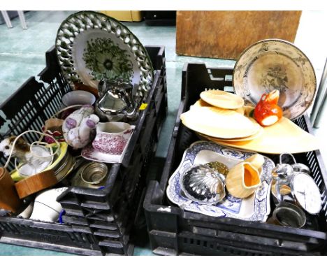 Two boxes of ceramics, ornaments, fish serving plates, alarm clock etc 