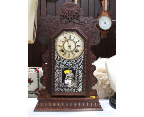 Ansonia Clock Company wooden fretwork mantel clock, 47 cm high