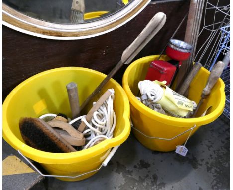 Two buckets of brushes, gardening machetes, space beam Ever Ready torch and sash window sash line.  This bladed product is no