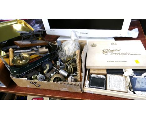 Box of glass projector slides, two boxes of vintage brass fittings, castors, doorknobs, curtain hooks etc