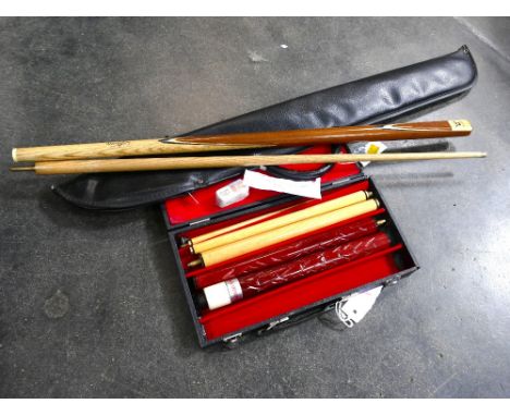 Steve Davies Riley signed snooker cue and a vintage boxed 5 piece Champion pool cue.