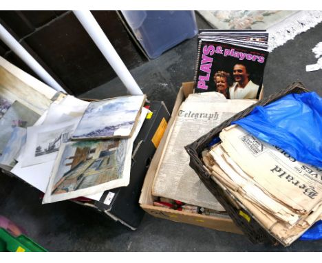 Three boxes of vintage newspapers, Plays and Players magazines, paperwork, prints, pictures etc