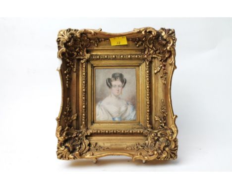 Portrait of a Regency style lady painted on ceramic with ornate gilt coloured frame, 20 cm x 18 cm