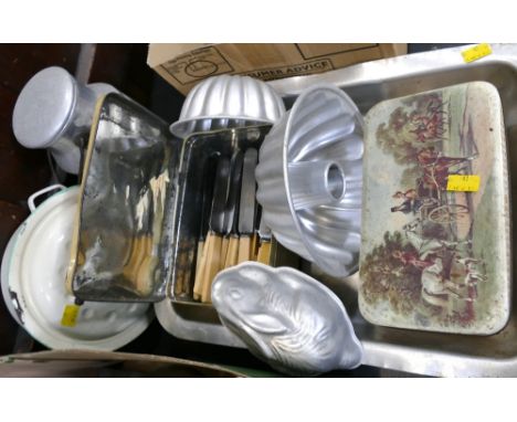Large aluminium cooking tray, aluminium jelly moulds, milk pale, enamel lidded dish and tin of William Webster of Sheffield c