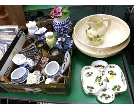 Large Bretby stoneware bowl, floral patterned jug and a Hamersley strawberry ceramic tray and a box of jugs, vases and orname