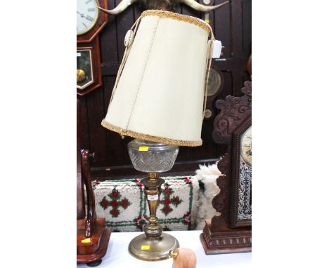 Brass column oil lamp converted to electricity with shade, 70 cm high