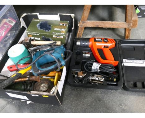 Box of hand tools, Makita router, Exodus FP7 foot pack and a Black and Decker heat gun 