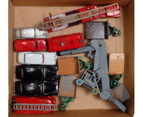 One tray containing a quantity of various playworn and repainted Dinky Toy diecasts to include No. 955 fire engine, No. 198 R