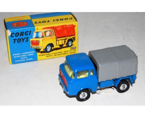 A Corgi Toys No. 470 FC150 Ford Control Jeep comprising of blue cab and chassis with grey canopy back, fitted with spun hubs,