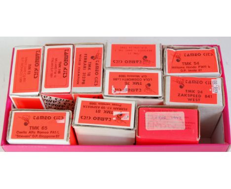 Ten various boxed 1/43 scale Tameo white metal F1 racing car kits to include a Zakspeed 841, a Williams Honda 1987 FW11, a Fe