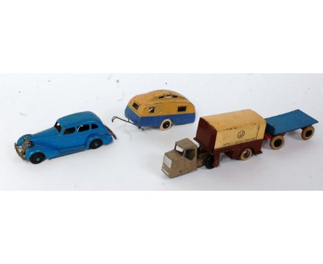 A Dinky Toys loose diecast group to include a pre-war No. 25G trailer comprising of blue and red chassis with black hubs, No.