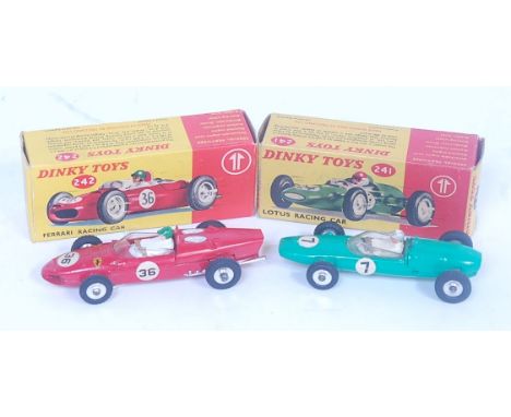 A Dinky Toys boxed racing car group to include No. 241 Lotus racing car finished in green with white driver figure and racing