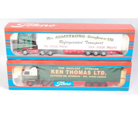 A Tekno 1/50 scale boxed road transport diecast group to include a Ken Thomas Ltd Scania 113M tractor unit with curtainside t