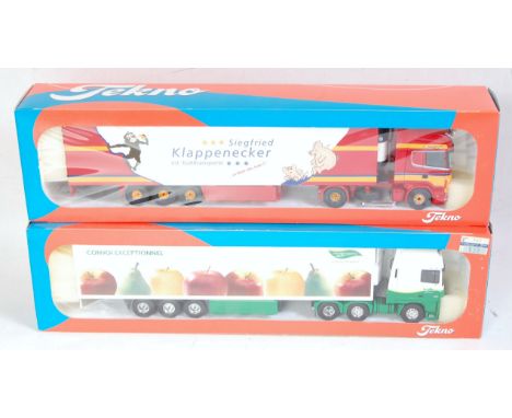 A Tekno 1.50 scale boxed road haulage diecast group to include a German collection No. 10/2001 Klappenecker Scania tractor un