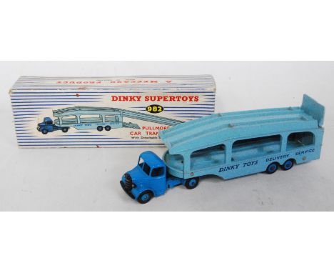 A Dinky Toys No. 982 Pullmore car transporter comprising of dark blue cab and chassis with light blue back and matching hubs,