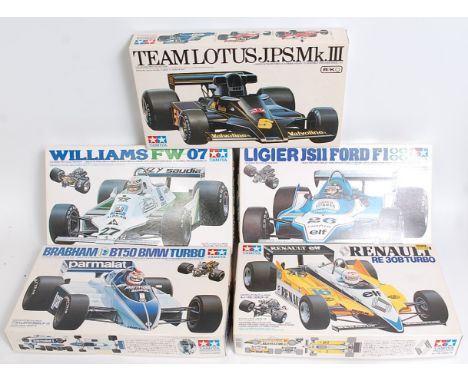 Five various boxed as issued Tamiya 1/20 scale F1 Classic Car kits, all appear as issued to include a Team Lotus JPS Mk3, a W