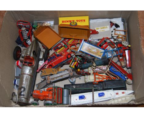 One tray containing a quantity of various playworn Dinky Toy, lead flat, tin plate and other diecast vehicles and road side a