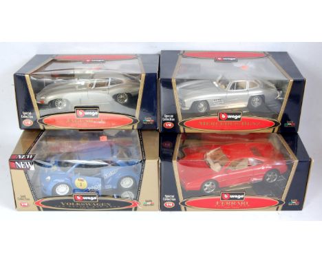 Nine various boxed Bburago 1/18 scale diecasts all appear as issued to include Mercedes Benz 300SL 1954, a Jaguar E-type Coup