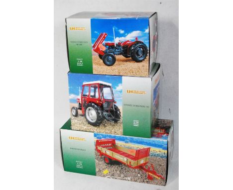 Three various boxed as issued Universal Hobbies 1/16 scale model tractors and tractor implements to include a Massey Ferguson