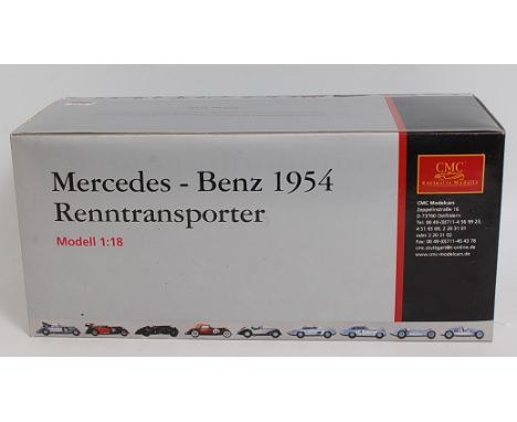 A CMC Exclusive Models No. M-036 Mercedes Benz 1954 Renn Transporter car transporter, 1/18 scale comprising of blue body with