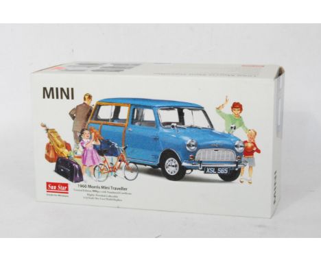 A Sunstar limited edition 1/12 scale model of a 1960 Morris Mini Traveller finished in blue, limited edition example No. 280/