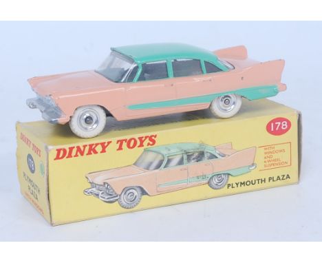 Dinky Toys, 178 Plymouth Plaza, light pink body with light green roof and side flash, spun hubs with white tyres, clear windo