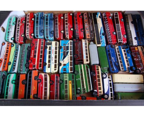 Two trays containing a quantity of various white metal diecast and resin public transport 1/76 scale models, mixed regions an