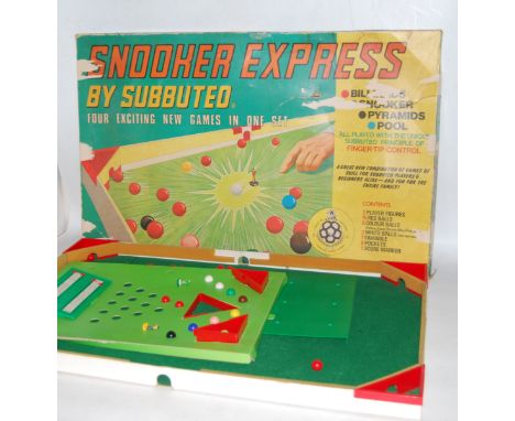 A Snooker Express by Subbuteo, appears complete, comprising of two player figures (1 a replacement Football Figure), 15 red b