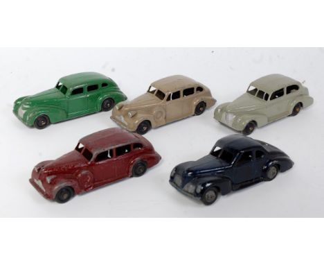 Five various loose Dinky Toy playworn saloons to include No. 39E Chrysler finished in green, a No. 39D Buick Viceroy finished
