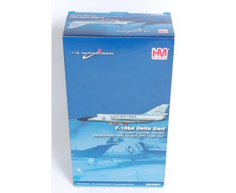 A Hobby Masters No. HA3601 1/72 scale model of an F-106A Delta Dart, appears as issued in the original all-card window flap b