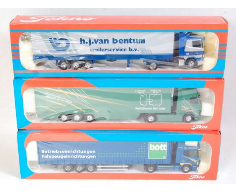 A Tekno boxed 1/50 scale road transport diecast group to include an E Vaigle Scania Topline tractor unit with Bott curtainsid