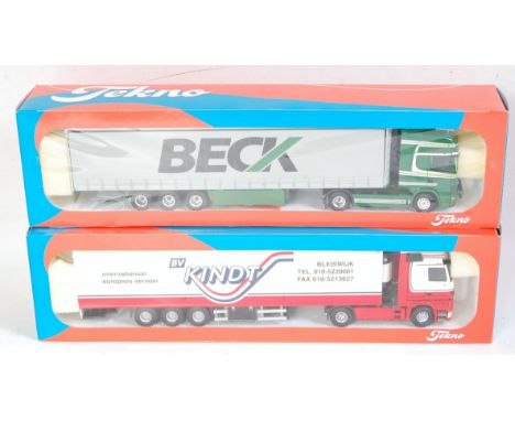 A Tekno 1/50 scale boxed road haulage diecast group to include a Beck Scania 164L tractor unit with curtainside trailer, toge