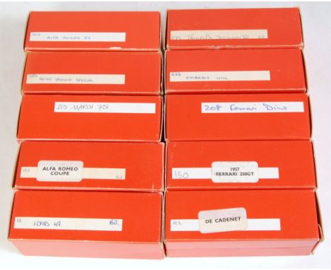 Ten various boxed John Day 1/43 scale white metal classic car kits to include a 1957 Ferrari 250GT, a Ferrari Dino, Triumph D