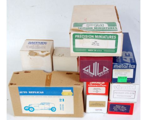 Ten various boxed 1/43 scale white metal and resin car kits, manufacturers to include Mikansue, Vroom, Metal 43, Sapphire Mod
