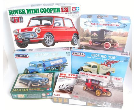 Seven various boxed as issued modern release plastic vehicle kits to include a Tamiya 1/12 scale Rover Mini Cooper, an Emhar 