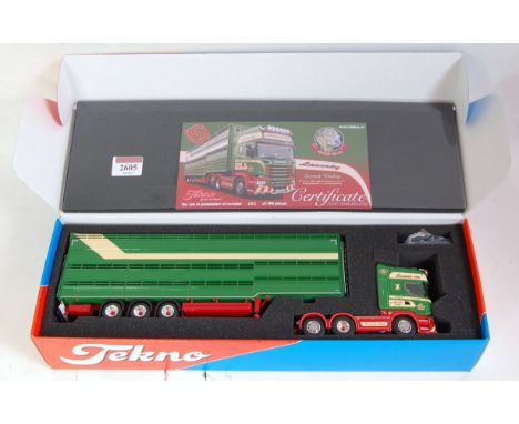 A Tekno No. 69896 1/50 scale boxed model of a Scania R580 livestock tractor unit and trailer, appears as issued in the origin