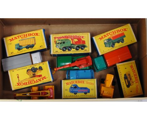 Six various boxed Matchbox 1/75 series construction and commercial diecasts to include No. 11 Jumbo Crane, No. 60 Morris J2 p