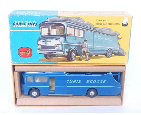 A Corgi Toys No. 1126 Ecurie Ecosse racing car transporter, comprising of dark metallic blue body with light blue lettering a